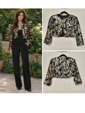 Vtg Black & Gold Sequin Paisley Floral Whimsigoth Witch Boho Crop Bolero Jacket
